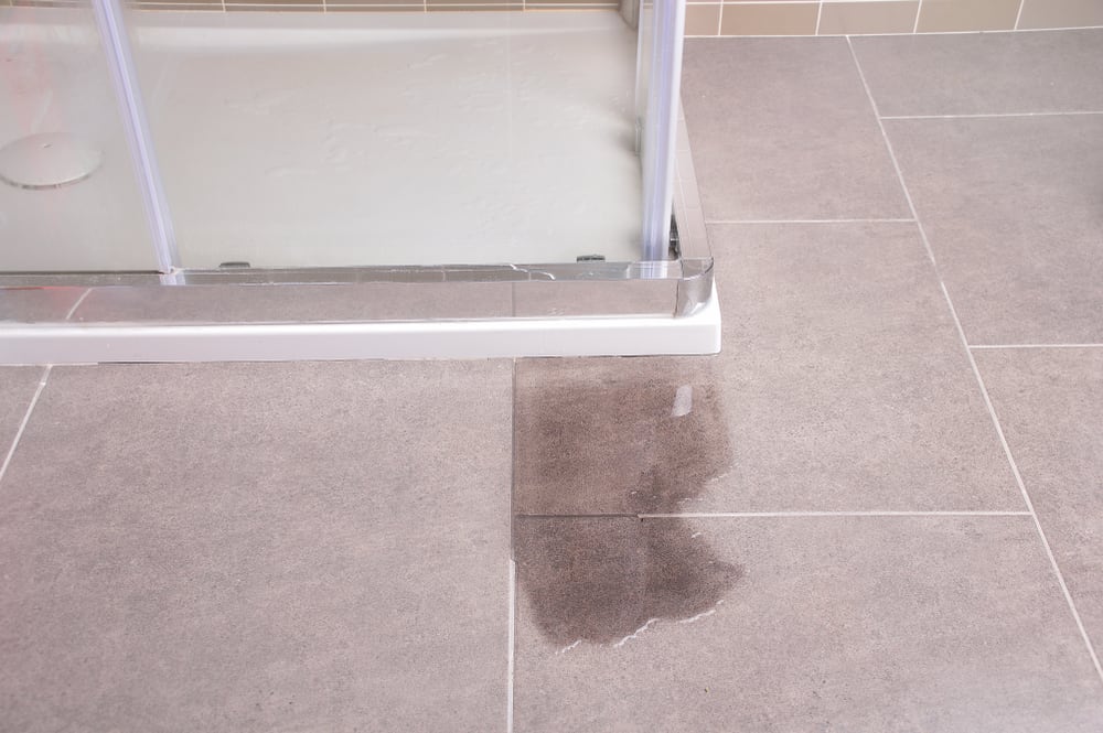 A close-up shot of a bathroom floor showing a puddle of water leaking from the base of a glass-enclosed shower stall onto light grey floor tiles.
