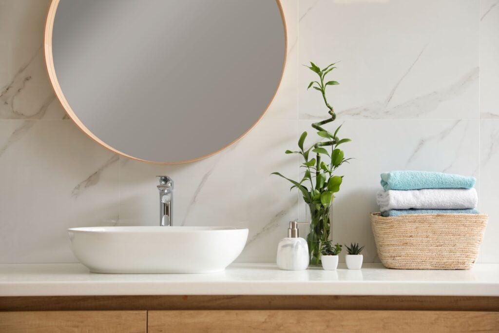 Beautiful green plants near vessel sink on countertop in bathroom